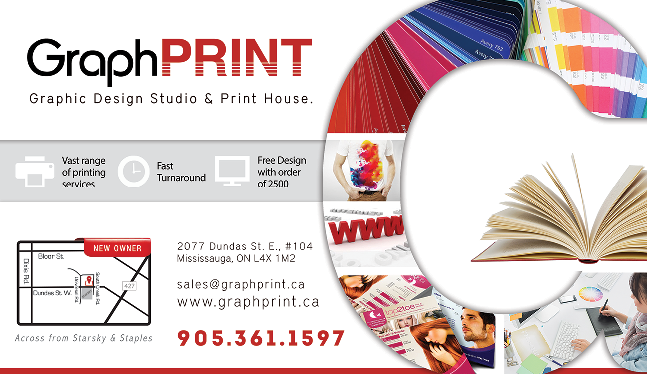 GraphPrint print shop advertisement with contact details and location map