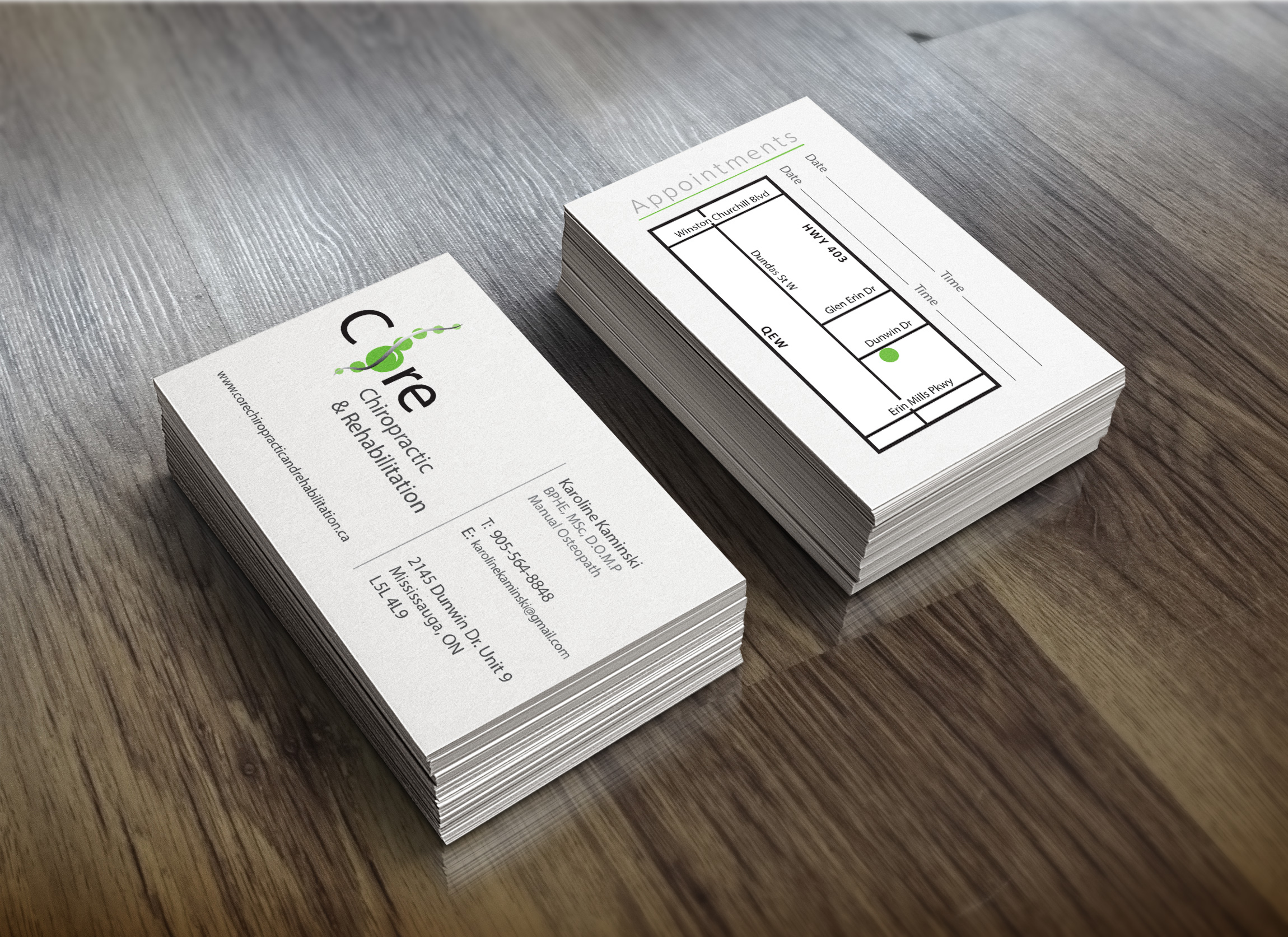 Core Chiropractic and Rehabilitation business card printed in Mississauga
