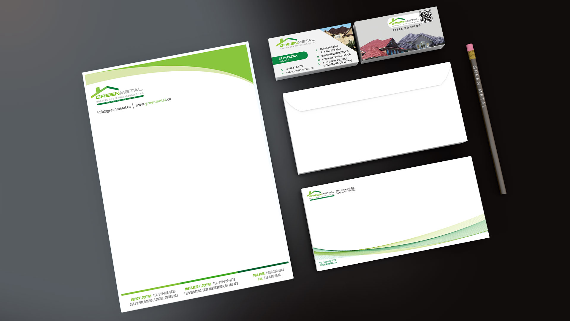 Green Metal Roofing stationery kit — business cards, letterhead and envelopes