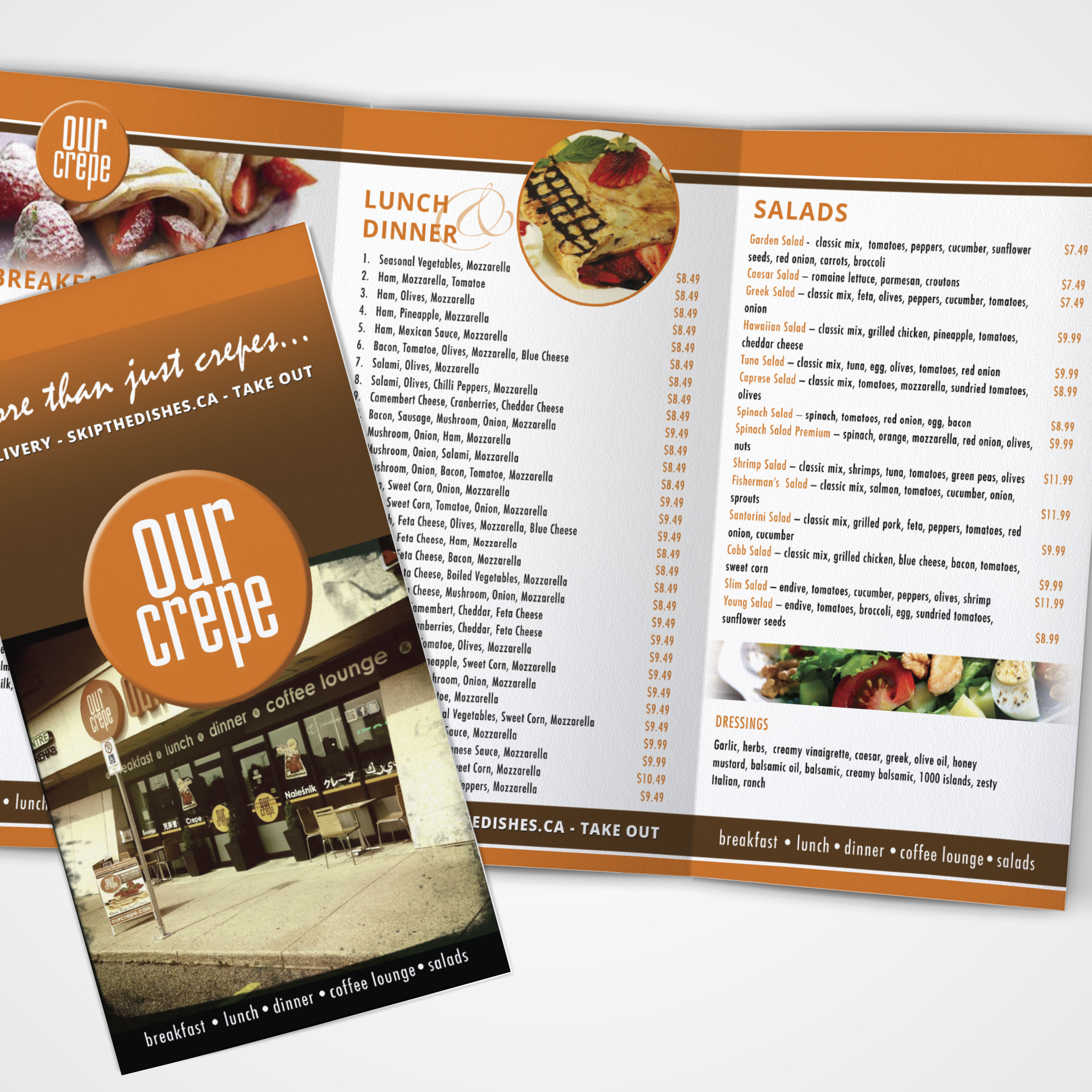 Our Crepe restaurant tri-fold menu brochure