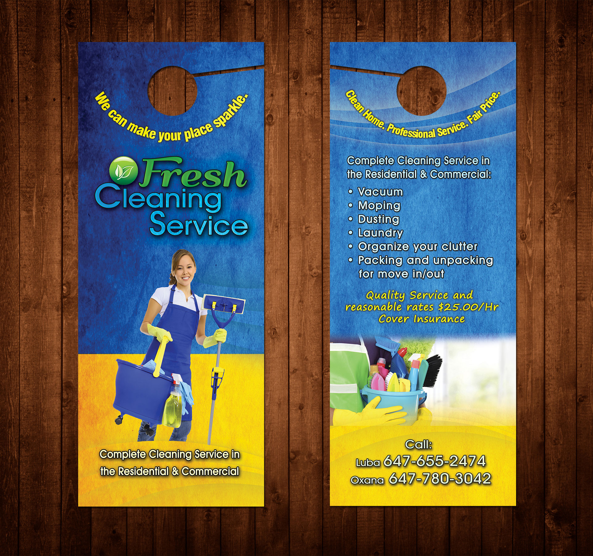 Fresh Cleaning Service door hanger, front and back