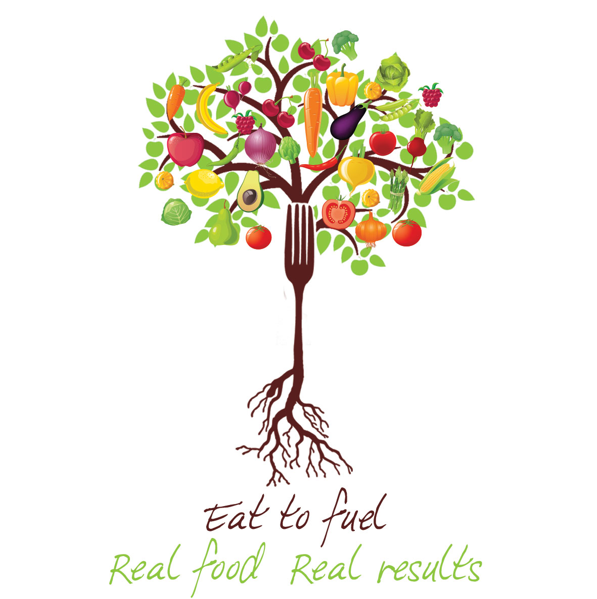 Pawlicka nutrition logo design, a tree of fruit and vegetables growing from a fork
