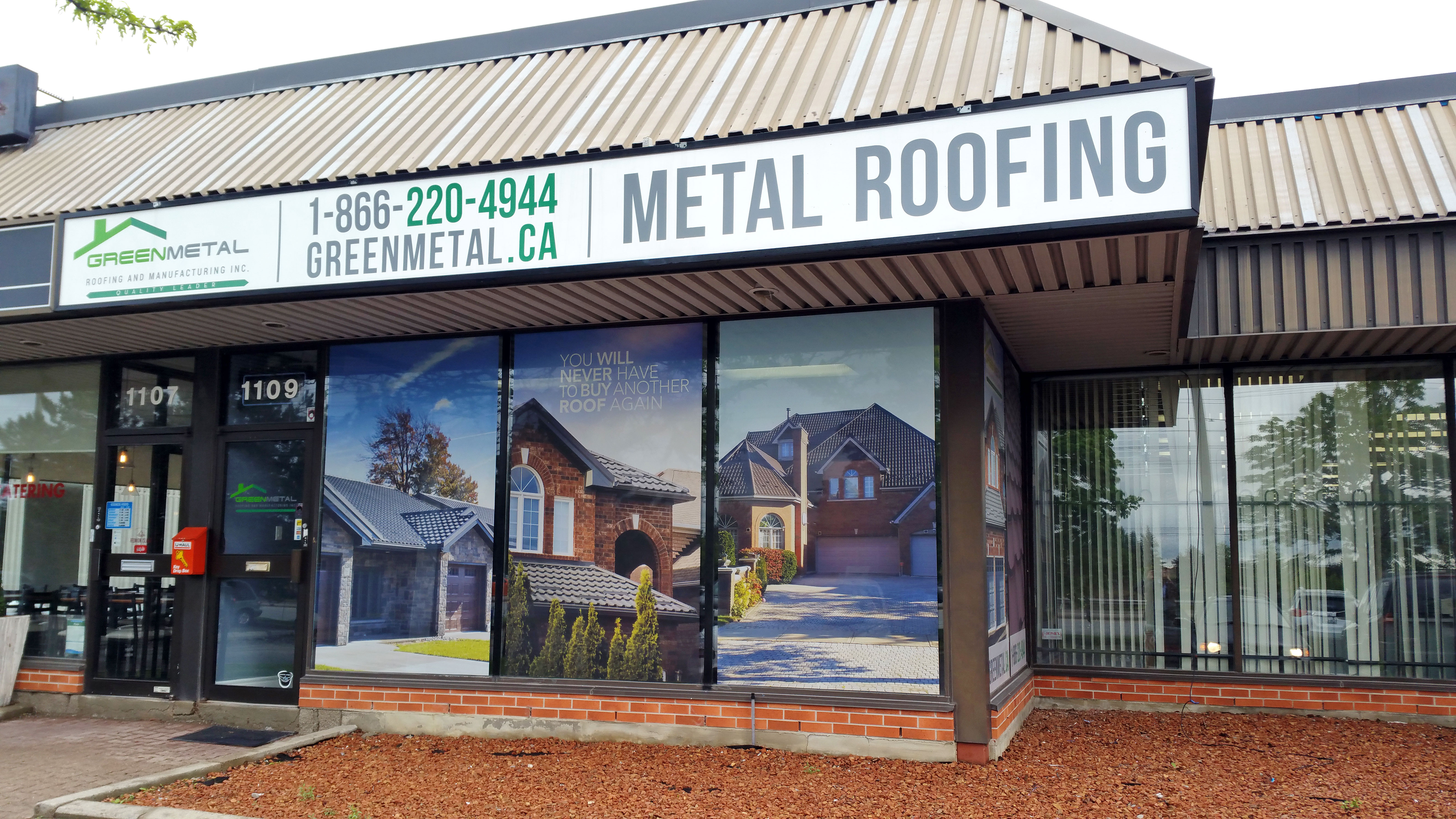 Green Metal Roofing storefront window graphics